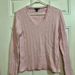 Tommy Hilfiger Pink Cable Knit V-Neck Sweater Women’s Large Classic Preppy